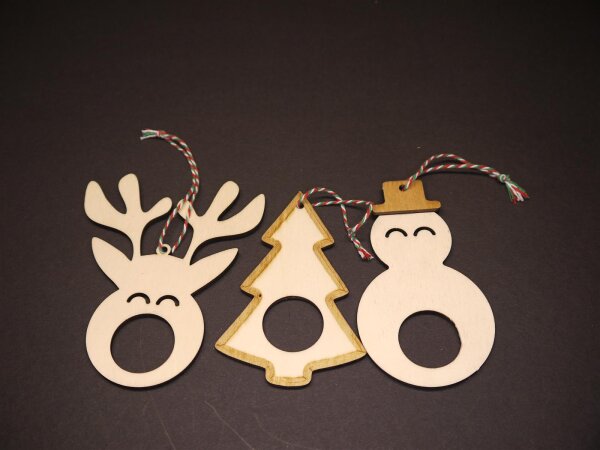 Holz-Anhänger zum Befüllen mit Kugel (Rentier, Schneemann, Tannenbaum)