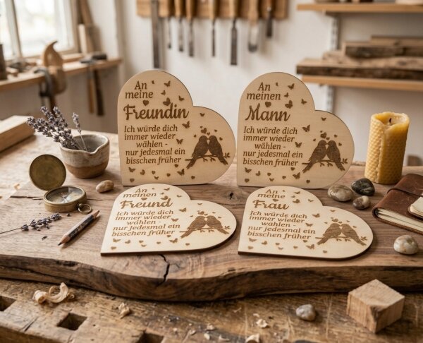 Personalisierbares Holzherz mit Gravur l Geschenk für Freundin, Freund, Mann oder Frau – romantische Liebeserklärung aus Holz mit Ständer