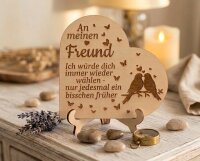Personalisierbares Holzherz mit Gravur l Geschenk für Freundin, Freund, Mann oder Frau – romantische Liebeserklärung aus Holz mit Ständer