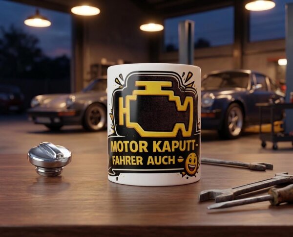 Lustige Werkstatt-Tasse „Motor kaputt – Fahrer auch“